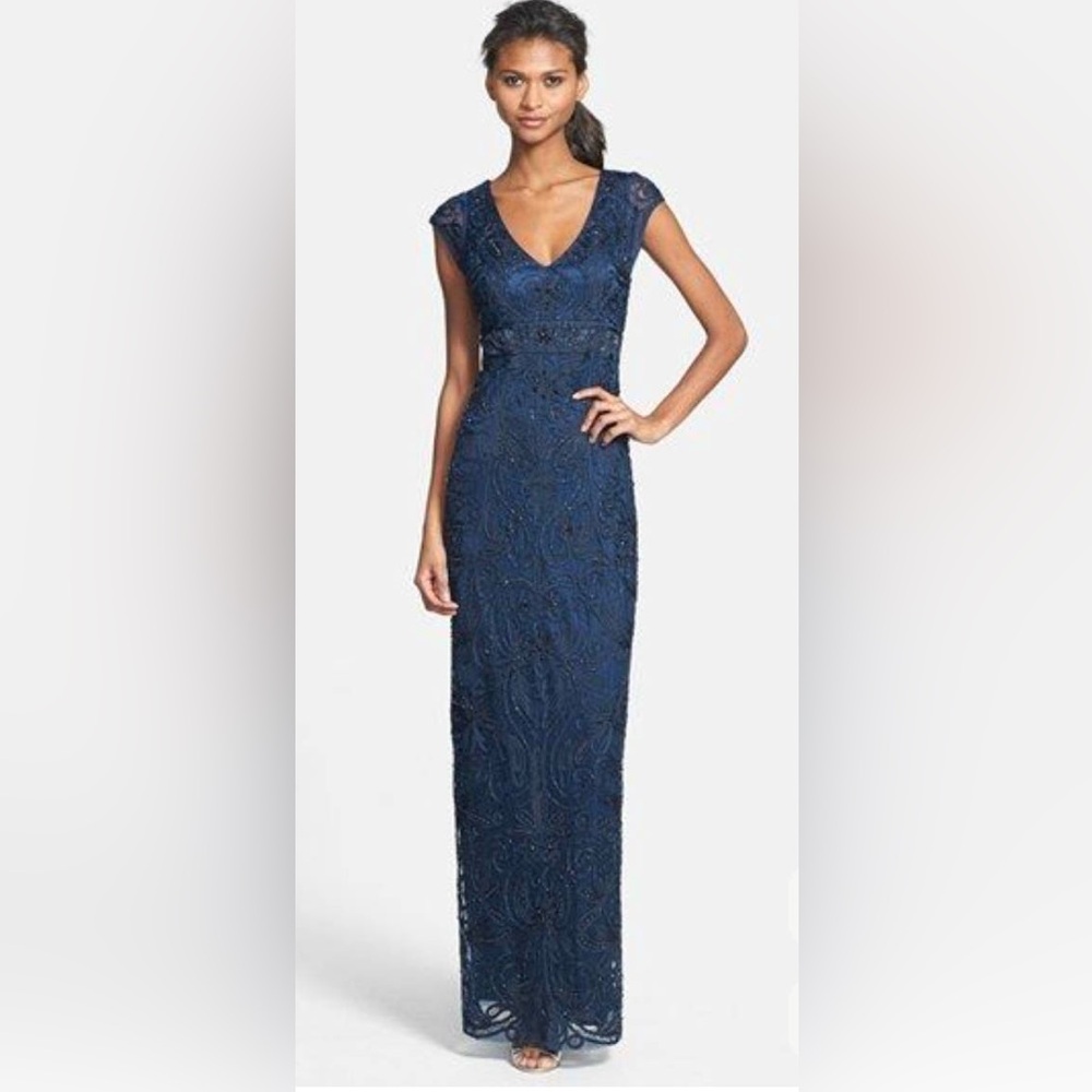 Sue Wong Elegant Navy Sequin, Embellished Back, Long Gown